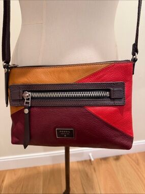 Fossil Dawson Colorblock Leather Crossbody in Red, Burgundy & Mustard